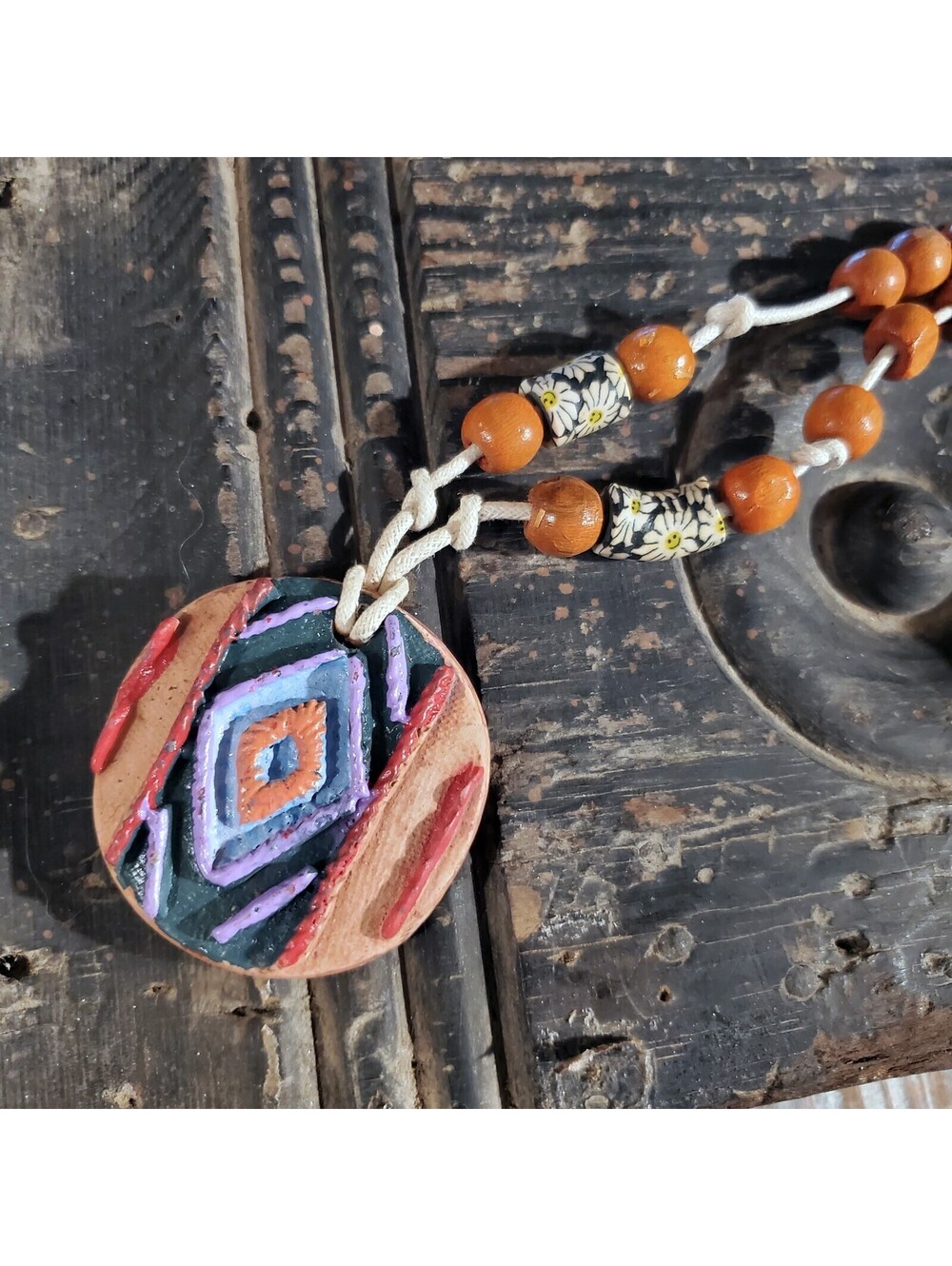 Artisan Tribal Round Unglazed Clay Geometric Multicolor OOAK Pendant Necklace